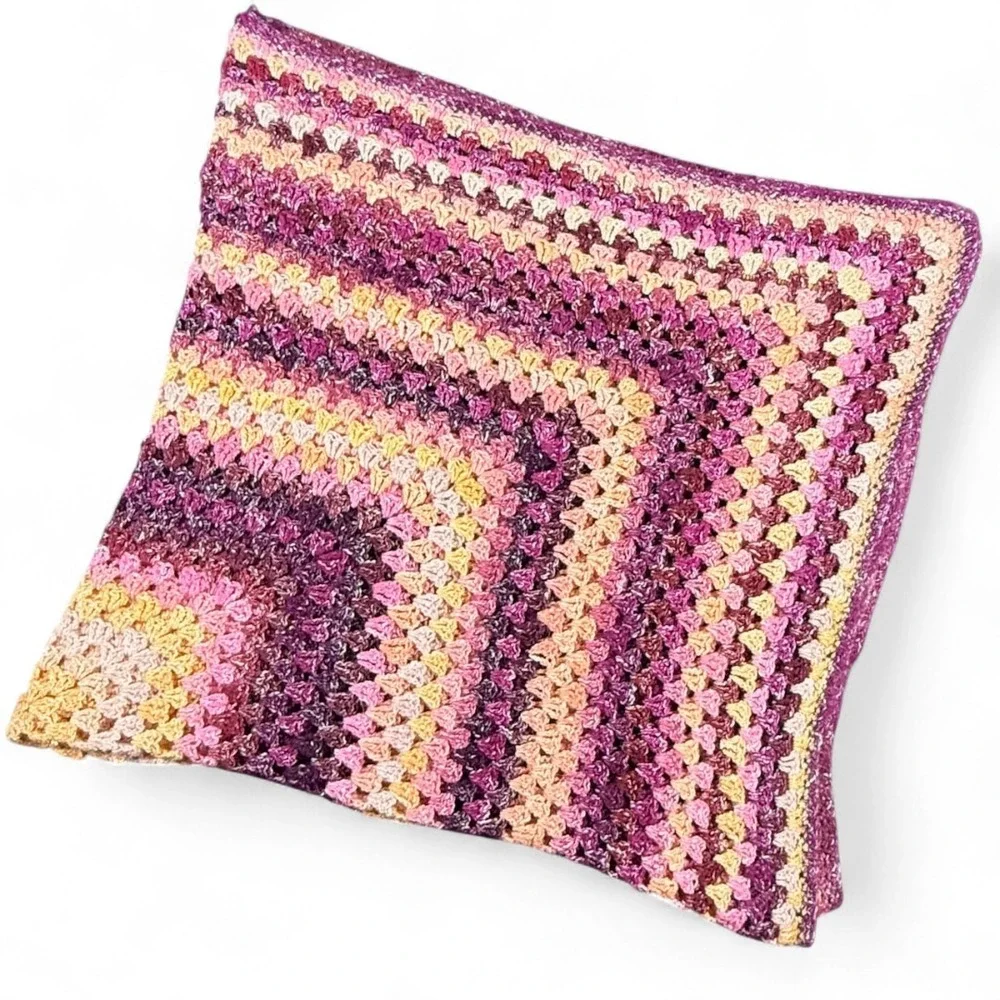 Handmade Granny Square Crochet Blanket Afghan Throw Pink Purple Yellow 45x53 VTG